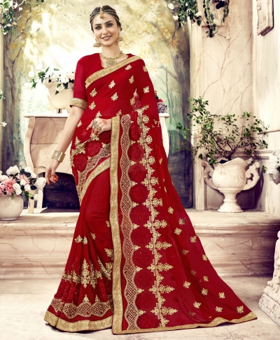 Maroon Georgette Embroidered  Wedding Wear  saree 6801